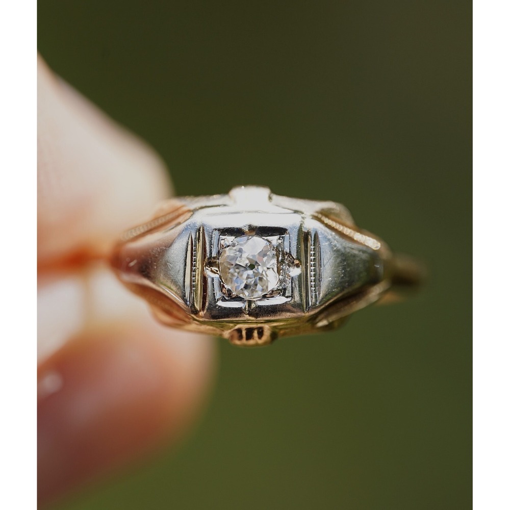 Antique 14k Solid Yellow White Gold Engraved Natural Old Mine‎ Cut Diamond Ring